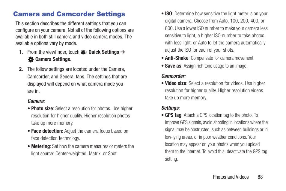 Camera and camcorder settings | Samsung SGH-I257ZKAATT User Manual | Page 95 / 203