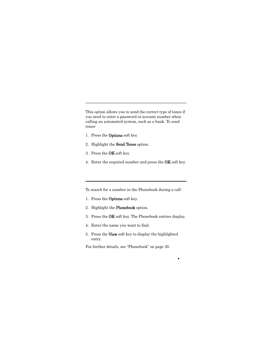 Sending tones, Press the options soft key, Highlight the send tones option | Press the ok soft key, Searching for a number in phonebook, Highlight the phonebook option, Enter the name you want to find | Samsung SGH-X426ZSAAWS User Manual | Page 53 / 172