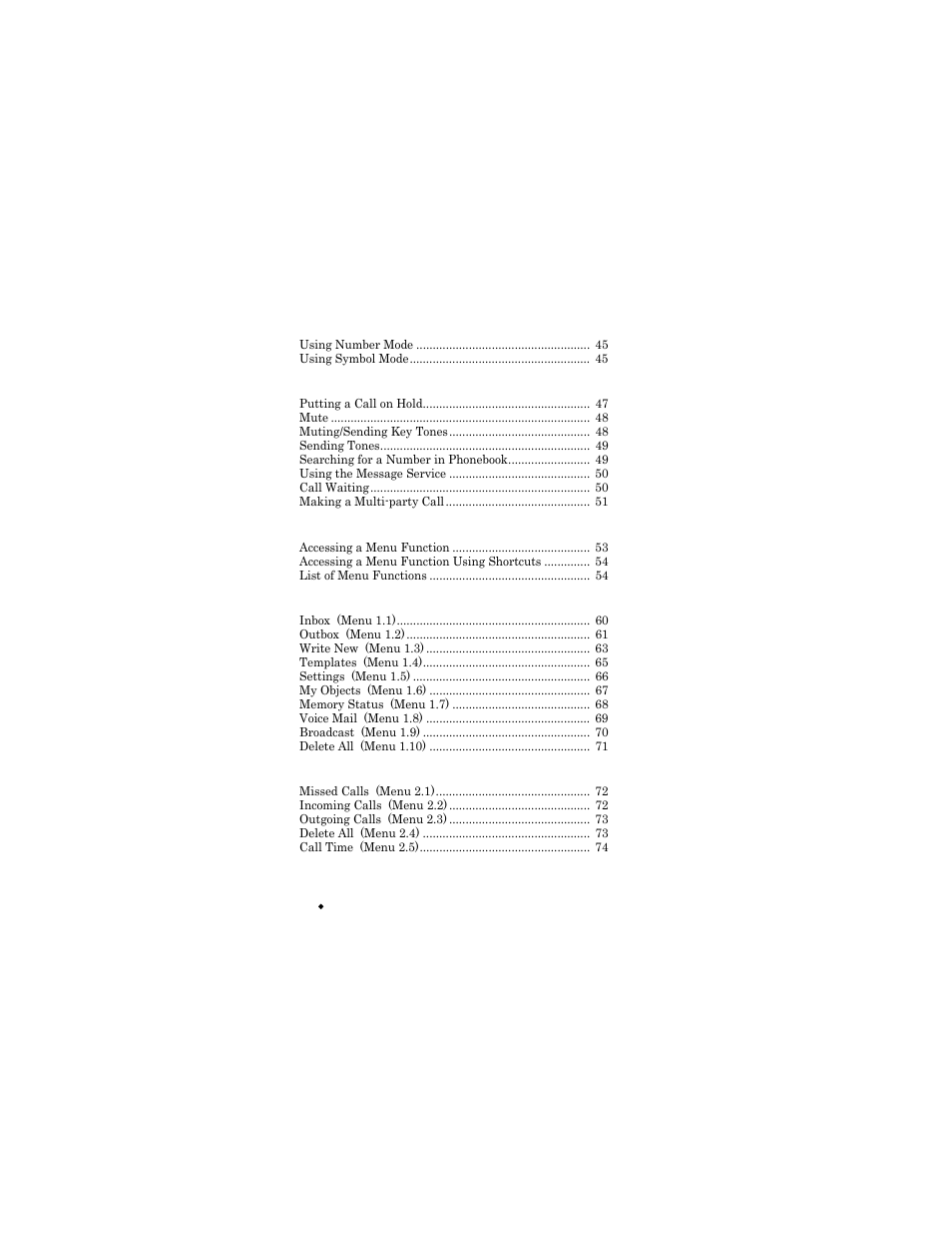 Options during a call 47, Using the menus 53, Messages 60 | Call records 72 | Samsung SGH-X426ZSAAWS User Manual | Page 6 / 172