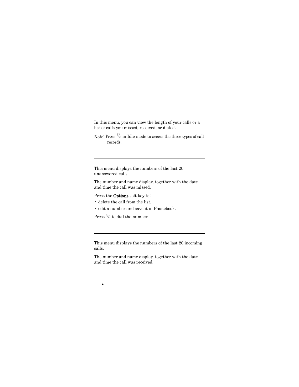 Call records, Missed calls (menu 2.1), Incoming calls (menu 2.2) | Missed calls (menu 2, Incoming calls, Missed calls | Samsung SGH-X426ZSAAWS User Manual | Page 76 / 172