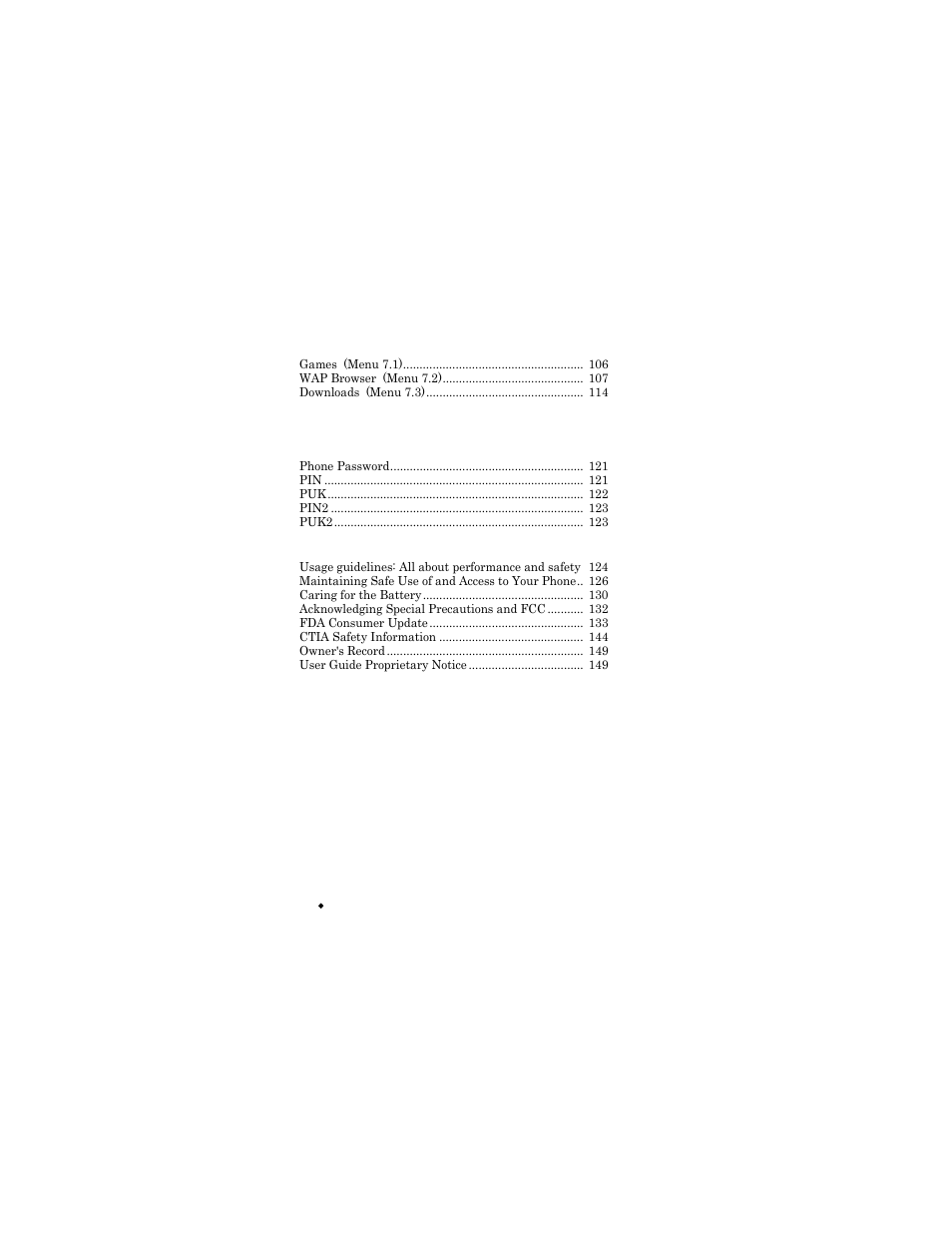 Funbox 106, Solving problems 117, Access codes 120 | Health and safety information 124, Standard limited warranty 150, Glossary 157, Index 162, Quick reference card 167 | Samsung SGH-X426ZSAAWS User Manual | Page 8 / 172