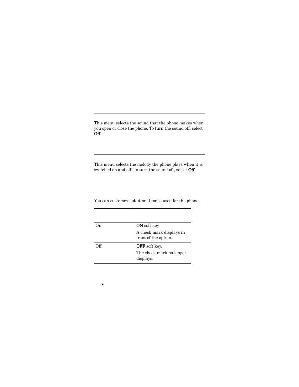 Folder tone (menu 3.6), Power on/off (menu 3.7), Extra tones (menu 3.8) | Folder tone (men, Power on/off (me, Extra tones (men, Folder tone, Power on/off, Extra tones | Samsung SGH-X426ZSAAWS User Manual | Page 82 / 172