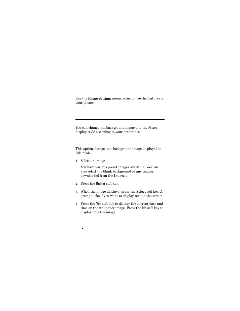 Phone settings, My settings (menu 4.1), Select an image | Press the select soft key, My settings | Samsung SGH-X426ZSAAWS User Manual | Page 84 / 172