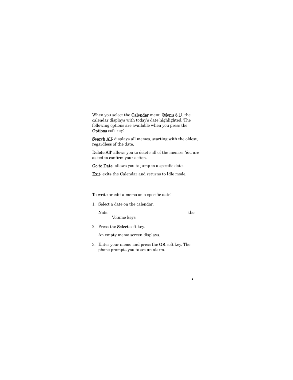 Select a date on the calendar, Press the select soft key | Samsung SGH-X426ZSAAWS User Manual | Page 95 / 172