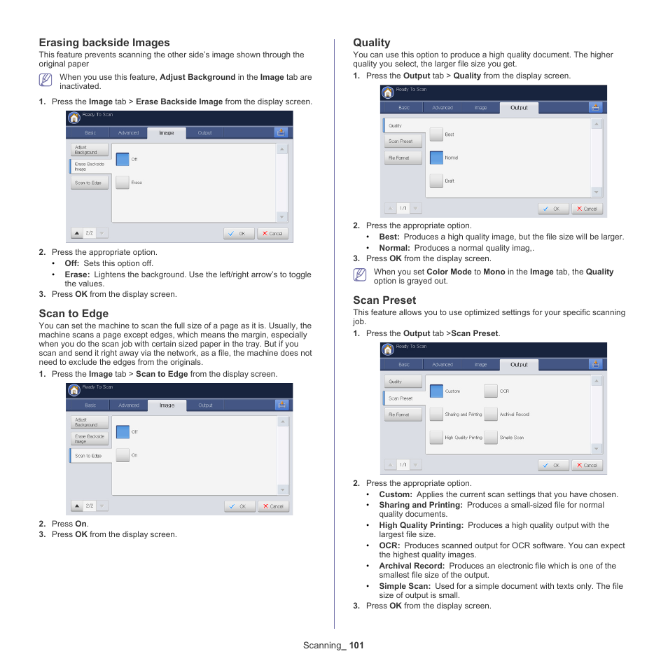 Erasing backside images, Scan to edge, Quality | Scan preset, Erasing backside images" on, Ge (see "scan to | Samsung SCX-8240NA-CAS User Manual | Page 101 / 265