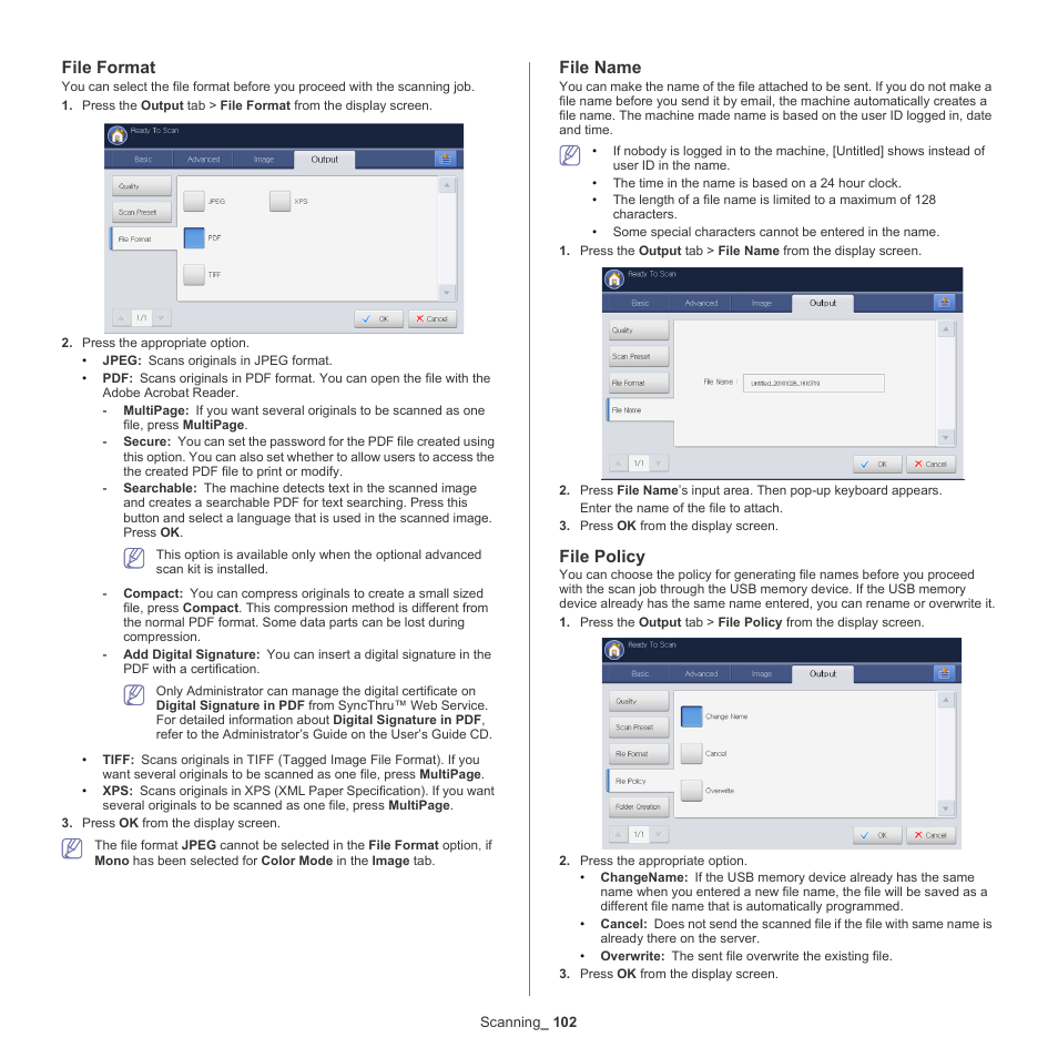 File format, File name, File policy | File, See "file, File policy" on | Samsung SCX-8240NA-CAS User Manual | Page 102 / 265