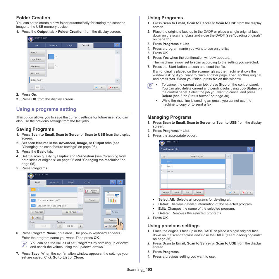 Folder creation, Using a programs setting, Saving programs | Using programs, Managing programs, Using previous settings, 103 using a programs setting 103 | Samsung SCX-8240NA-CAS User Manual | Page 103 / 265