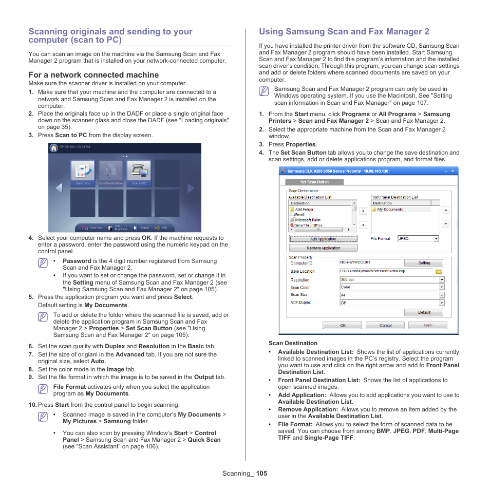 For a network connected machine, Using samsung scan and fax manager 2, 105 using samsung scan and fax manager 2 | Scanning originals and | Samsung SCX-8240NA-CAS User Manual | Page 105 / 265