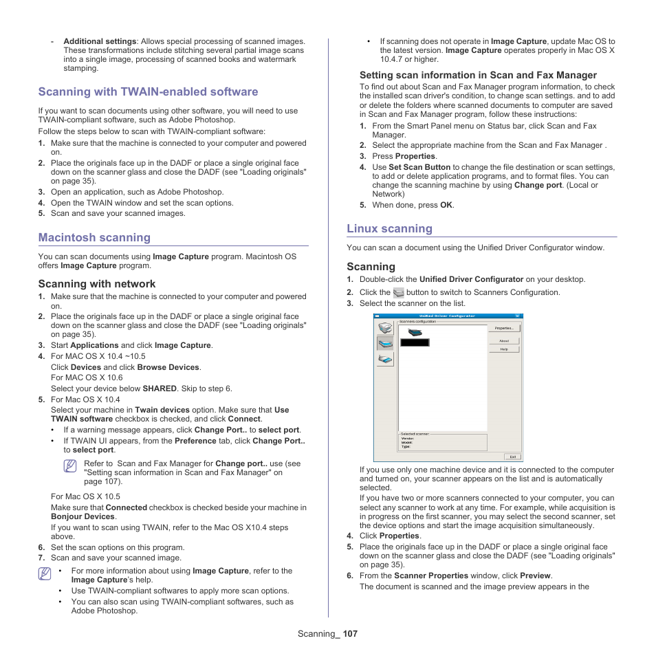 Scanning with twain-enabled software, Macintosh scanning, Scanning with network | Linux scanning, Scanning, 107 linux scanning 107, Setting | Samsung SCX-8240NA-CAS User Manual | Page 107 / 265