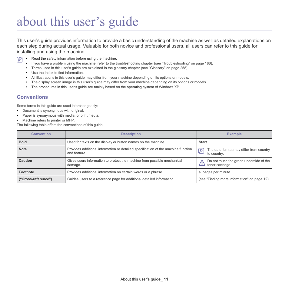 About this user’s guide, 11 about this user’s guide, Conventions | Samsung SCX-8240NA-CAS User Manual | Page 11 / 265