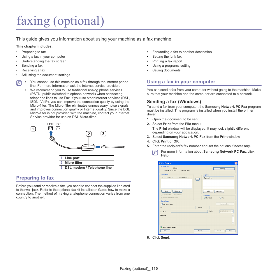 Faxing (optional), Preparing to fax, Using a fax in your computer | Sending a fax (windows) | Samsung SCX-8240NA-CAS User Manual | Page 110 / 265