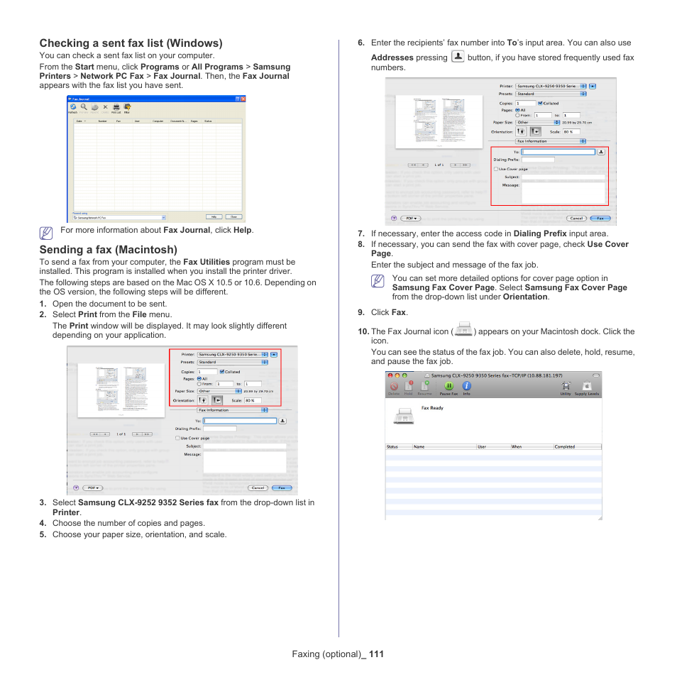 Checking a sent fax list (windows), Sending a fax (macintosh) | Samsung SCX-8240NA-CAS User Manual | Page 111 / 265