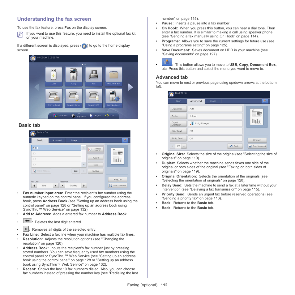 Understanding the fax screen, Basic tab, Advanced tab | 112 understanding the fax screen 112 | Samsung SCX-8240NA-CAS User Manual | Page 112 / 265