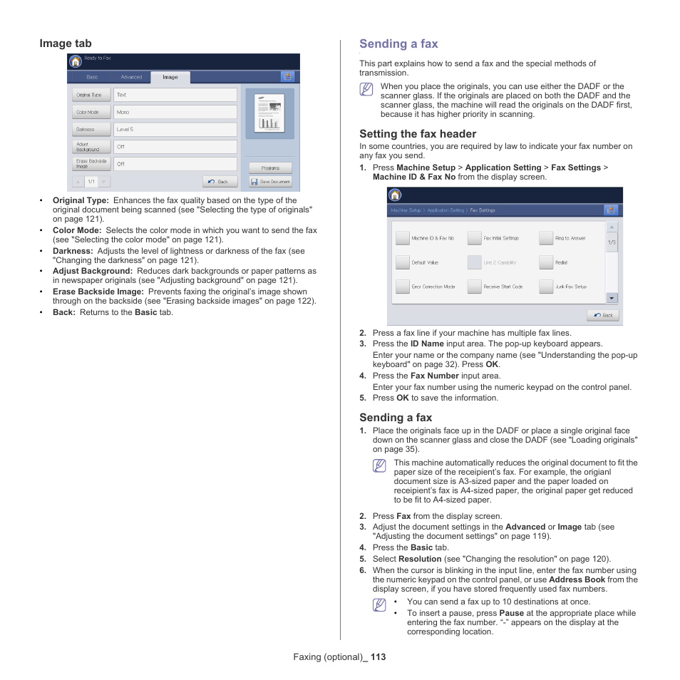 Image tab, Sending a fax, Setting the fax header | 113 sending a fax 113 | Samsung SCX-8240NA-CAS User Manual | Page 113 / 265