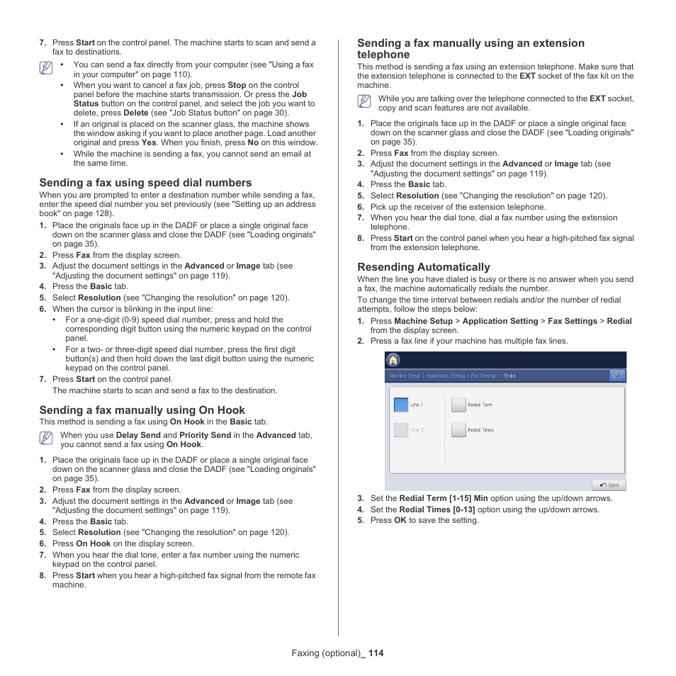 Sending a fax using speed dial numbers, Sending a fax manually using on hook, Resending automatically | Samsung SCX-8240NA-CAS User Manual | Page 114 / 265