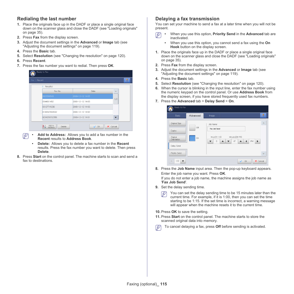 Redialing the last number, Delaying a fax transmission, Redialing the last | Samsung SCX-8240NA-CAS User Manual | Page 115 / 265