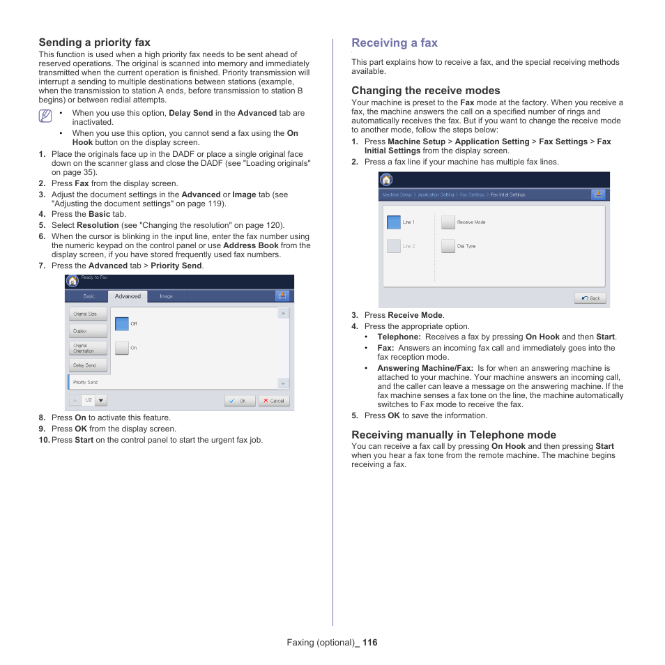 Sending a priority fax, Receiving a fax, Changing the receive modes | Receiving manually in telephone mode, 116 receiving a fax 116 | Samsung SCX-8240NA-CAS User Manual | Page 116 / 265