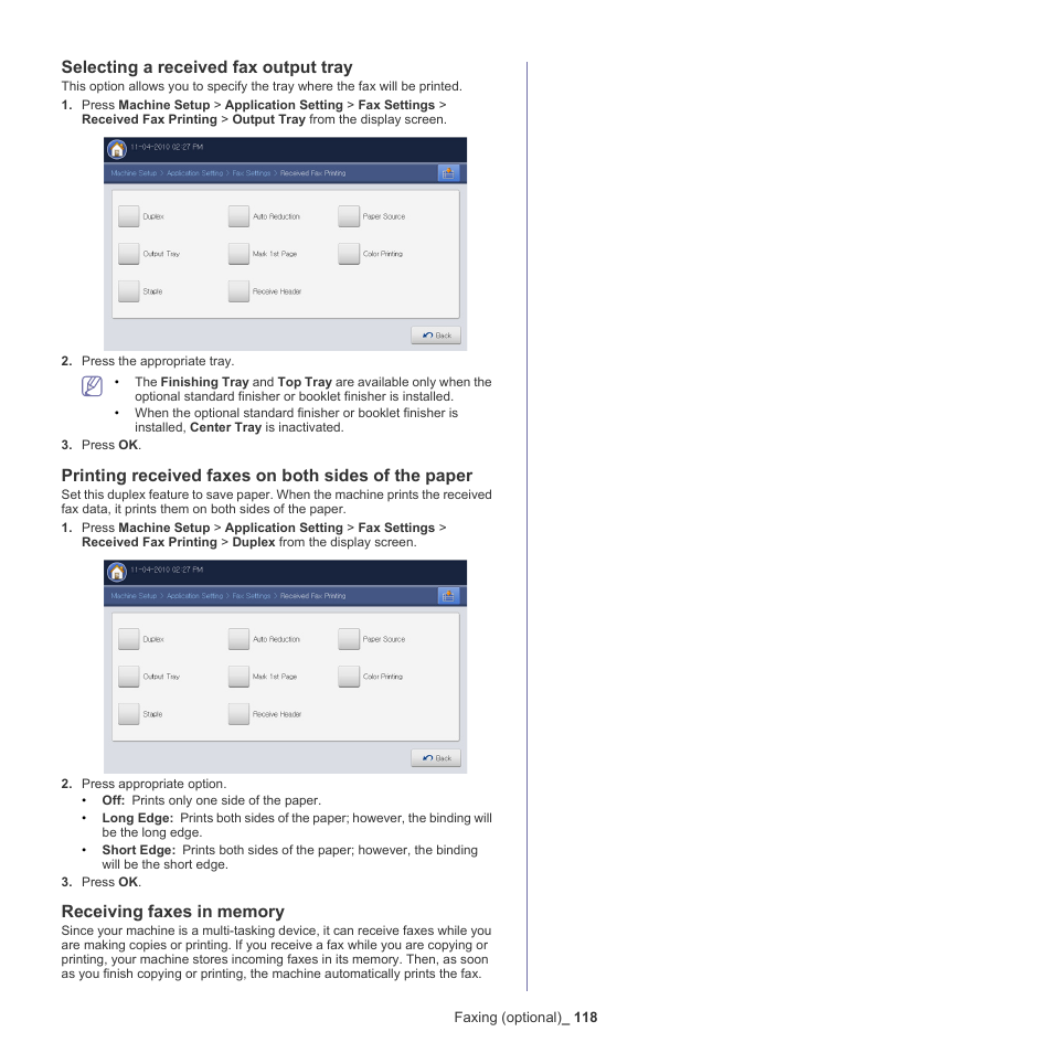 Selecting a received fax output tray, Printing received faxes on both sides of the paper, Receiving faxes in memory | Samsung SCX-8240NA-CAS User Manual | Page 118 / 265
