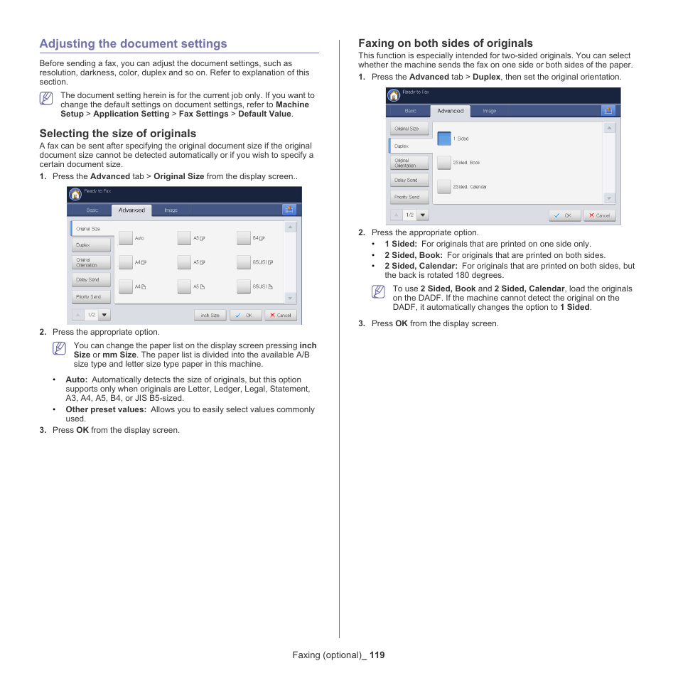 Adjusting the document settings, Selecting the size of originals, Faxing on both sides of originals | 119 adjusting the document settings 119, Selecting the size of | Samsung SCX-8240NA-CAS User Manual | Page 119 / 265