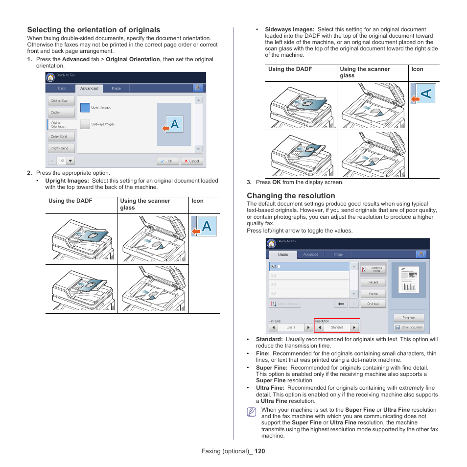 Selecting the orientation of originals, Changing the resolution, Changing the | Samsung SCX-8240NA-CAS User Manual | Page 120 / 265