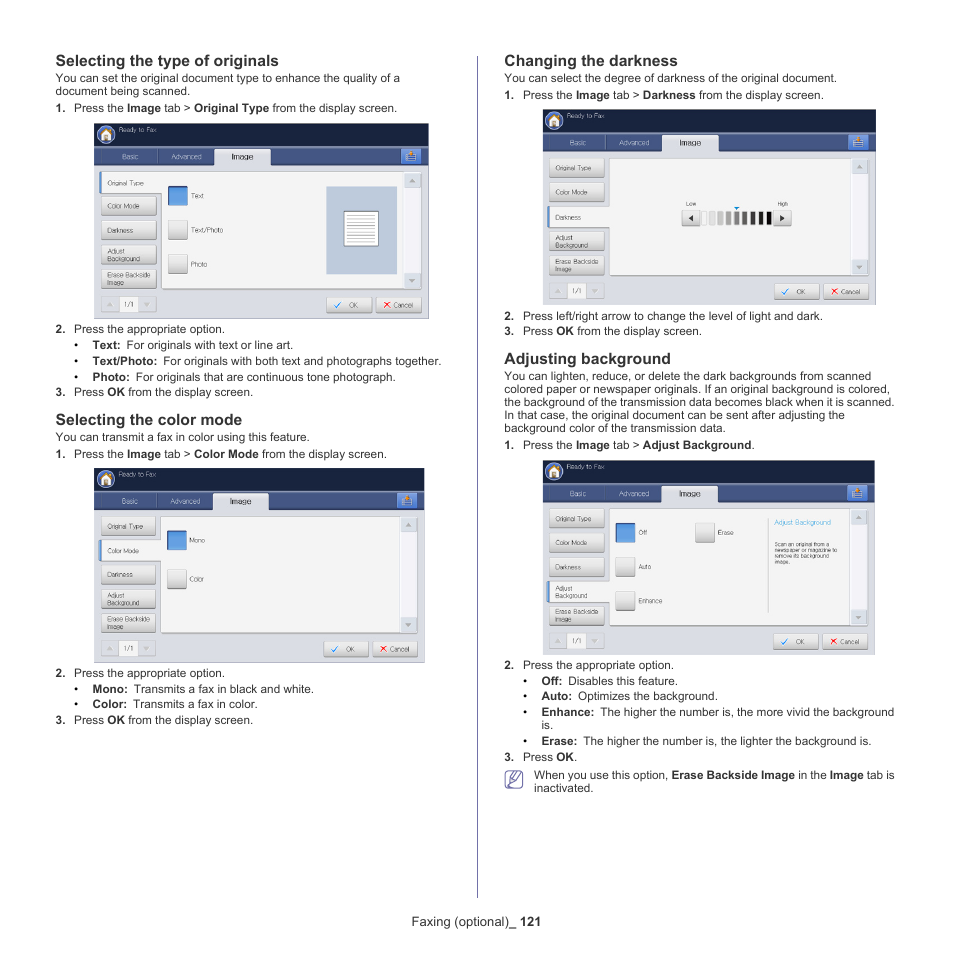 Selecting the type of originals, Selecting the color mode, Changing the darkness | Adjusting background | Samsung SCX-8240NA-CAS User Manual | Page 121 / 265