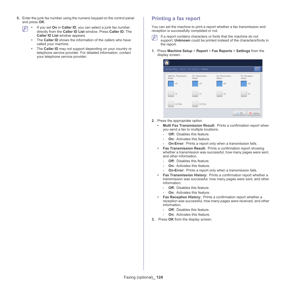 Printing a fax report, 124 printing a fax report | Samsung SCX-8240NA-CAS User Manual | Page 124 / 265