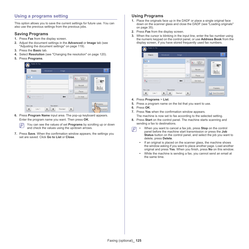 Using a programs setting, Saving programs, Using programs | 125 using a programs setting 125 | Samsung SCX-8240NA-CAS User Manual | Page 125 / 265