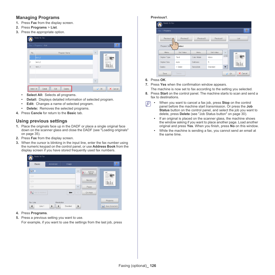 Managing programs, Using previous settings | Samsung SCX-8240NA-CAS User Manual | Page 126 / 265