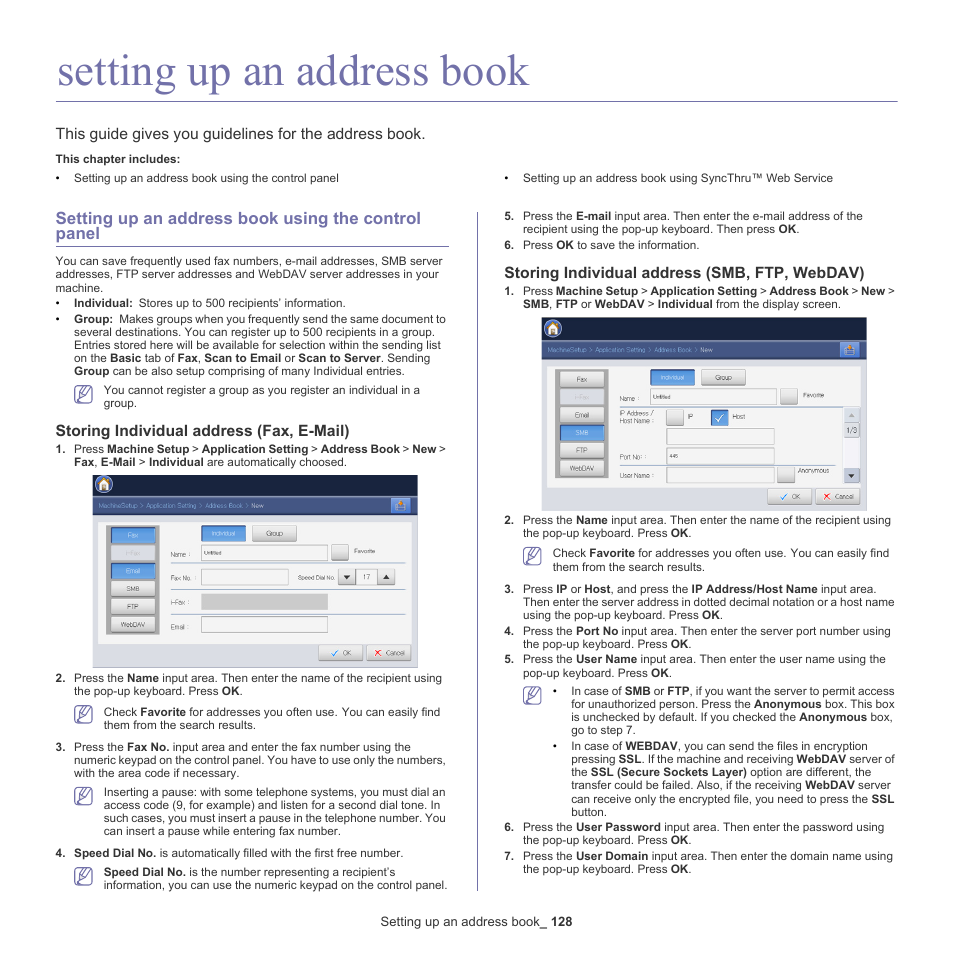 Setting up an address book, Setting up an address book using the control panel, Storing individual address (fax, e-mail) | Storing individual address (smb, ftp, webdav), Eb service (see "setting up an, Setting up, See "setting up an address book using the, Setting up an address, Usly (see "setting up an address | Samsung SCX-8240NA-CAS User Manual | Page 128 / 265