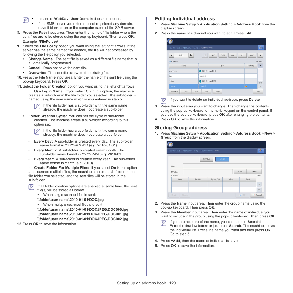 Editing individual address, Storing group address | Samsung SCX-8240NA-CAS User Manual | Page 129 / 265
