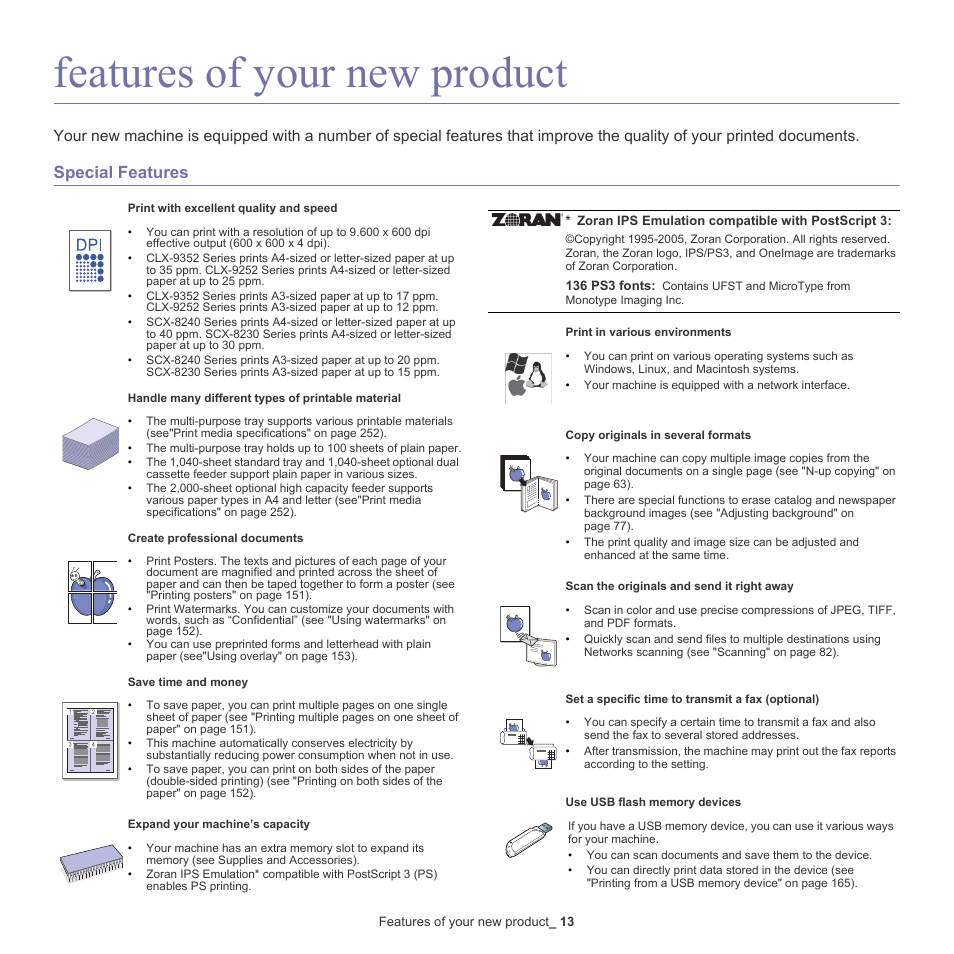 Features of your new product, 13 features of your new product, Special features | Samsung SCX-8240NA-CAS User Manual | Page 13 / 265