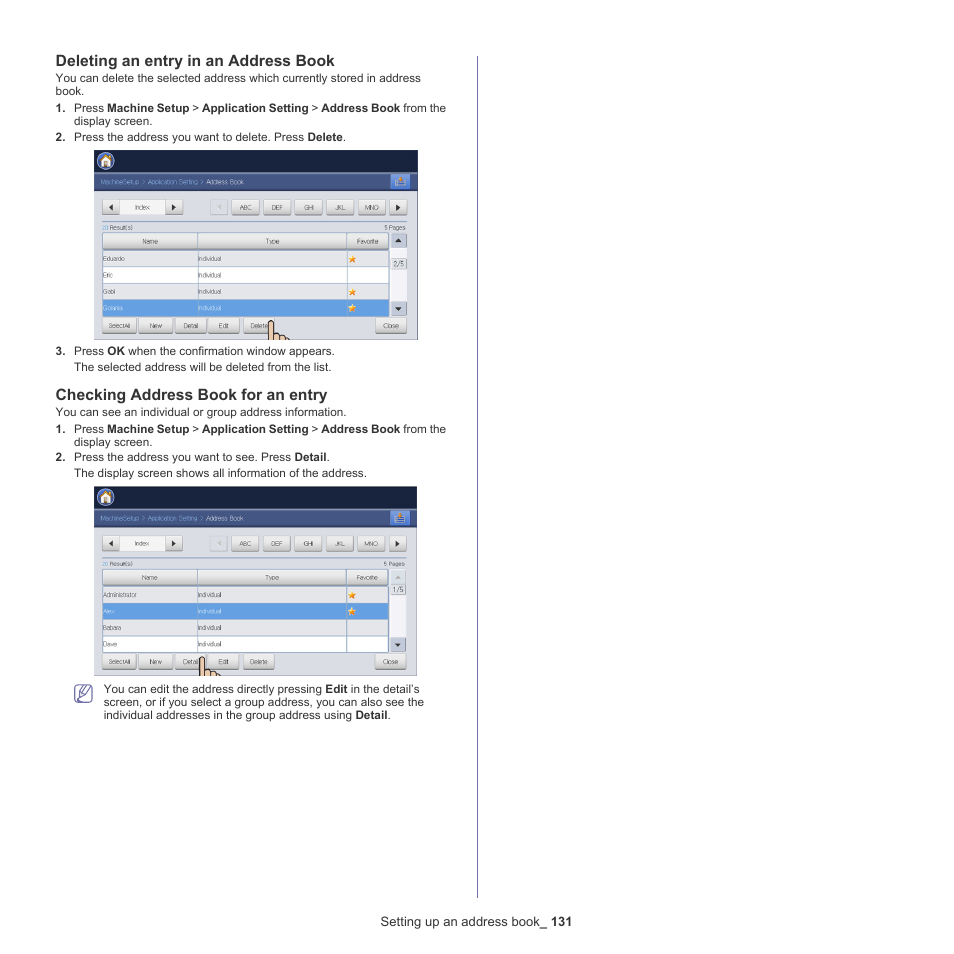 Deleting an entry in an address book, Checking address book for an entry | Samsung SCX-8240NA-CAS User Manual | Page 131 / 265