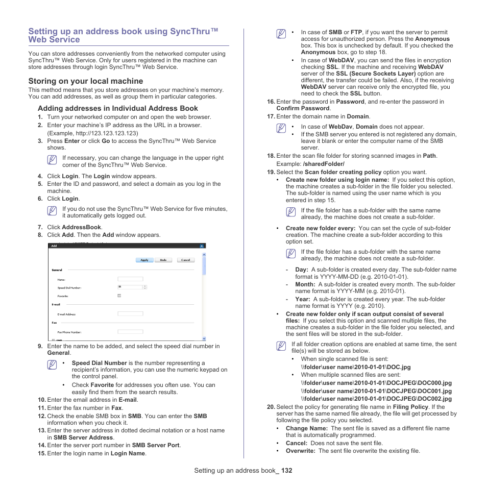 Storing on your local machine, Setting up an, Setting up an address book | Setting up, Or "setting up an address book using, Or "setting up an address, Adding addresses in individual address book | Samsung SCX-8240NA-CAS User Manual | Page 132 / 265