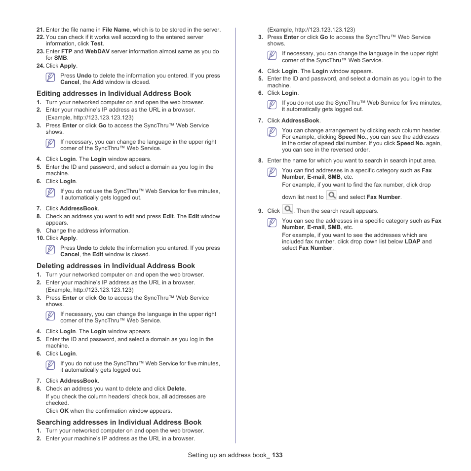 Editing addresses in individual address book, Deleting addresses in individual address book, Searching addresses in individual address book | Samsung SCX-8240NA-CAS User Manual | Page 133 / 265