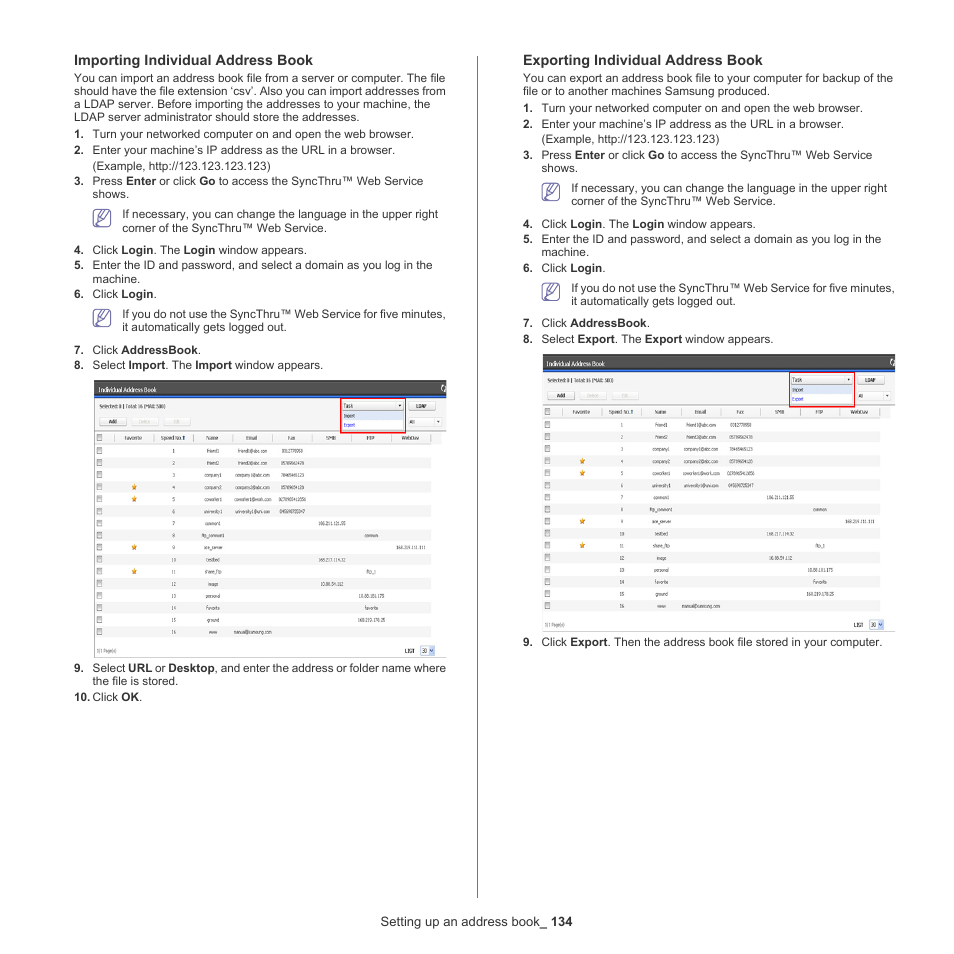 Importing individual address book, Exporting individual address book | Samsung SCX-8240NA-CAS User Manual | Page 134 / 265