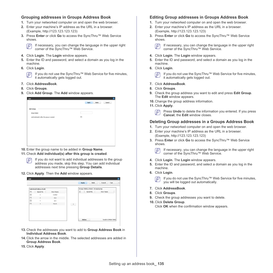 Grouping addresses in groups address book, Editing group addresses in groups address book, Deleting group addresses in a groups address book | Samsung SCX-8240NA-CAS User Manual | Page 135 / 265