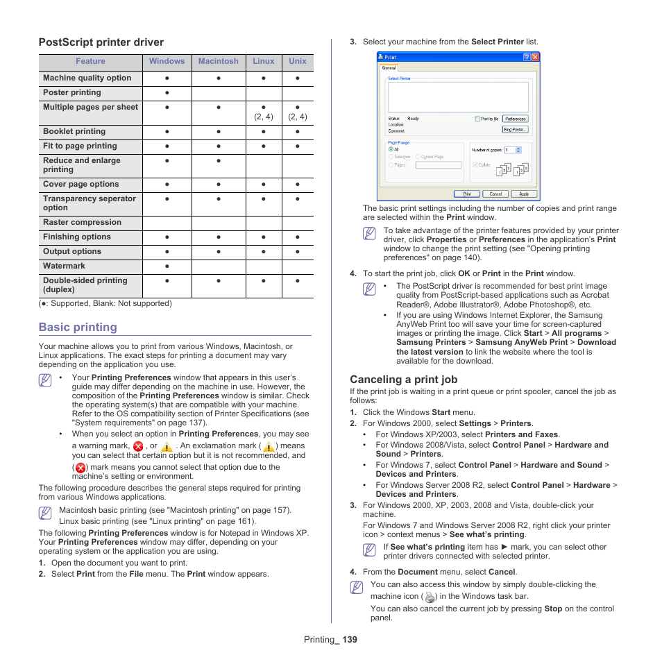Postscript printer driver, Basic printing, Canceling a print job | 139 basic printing 139 | Samsung SCX-8240NA-CAS User Manual | Page 139 / 265