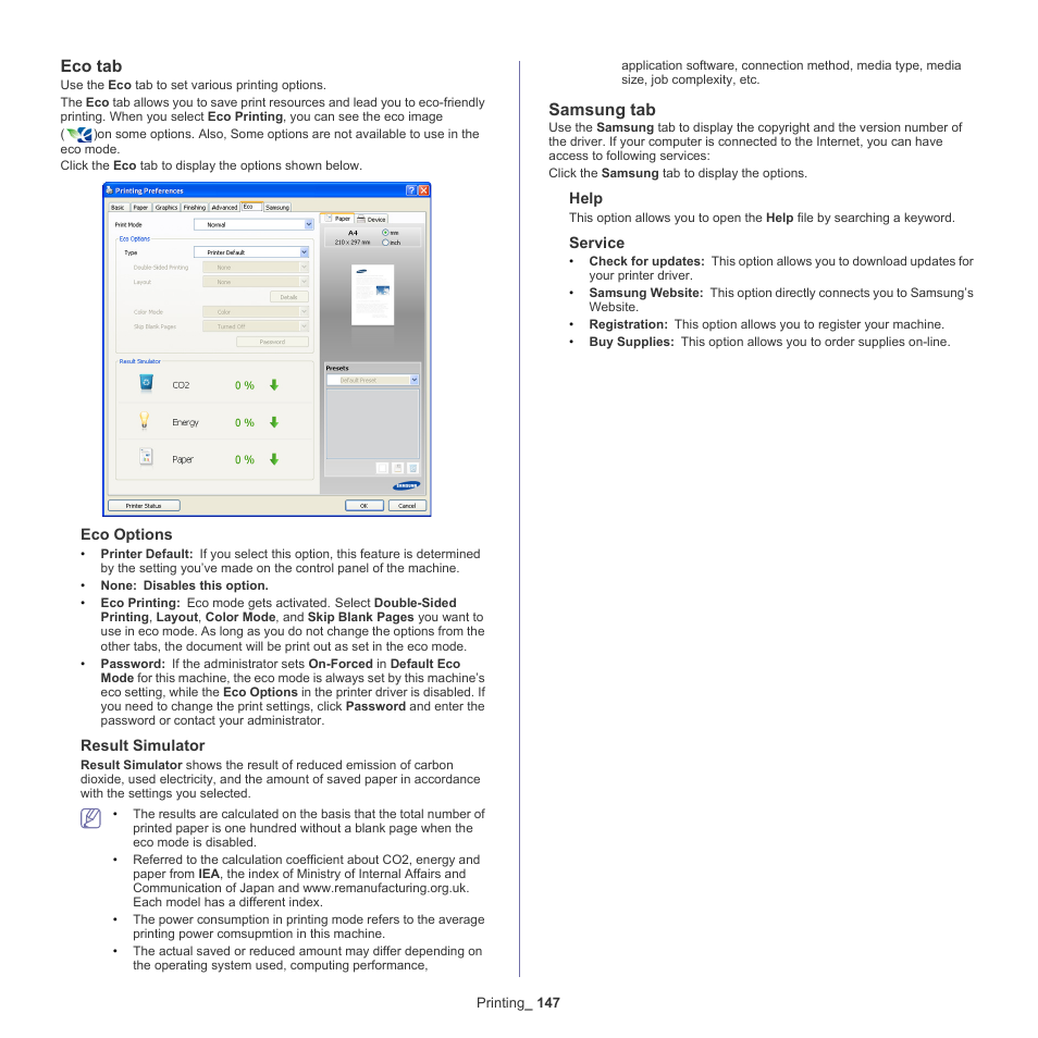 Eco tab, Samsung tab | Samsung SCX-8240NA-CAS User Manual | Page 147 / 265