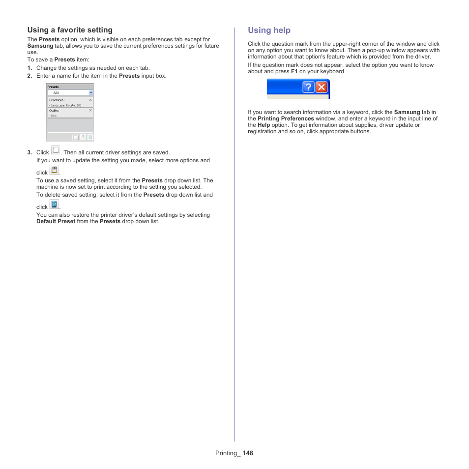 Using a favorite setting, Using help, 148 using help | Samsung SCX-8240NA-CAS User Manual | Page 148 / 265