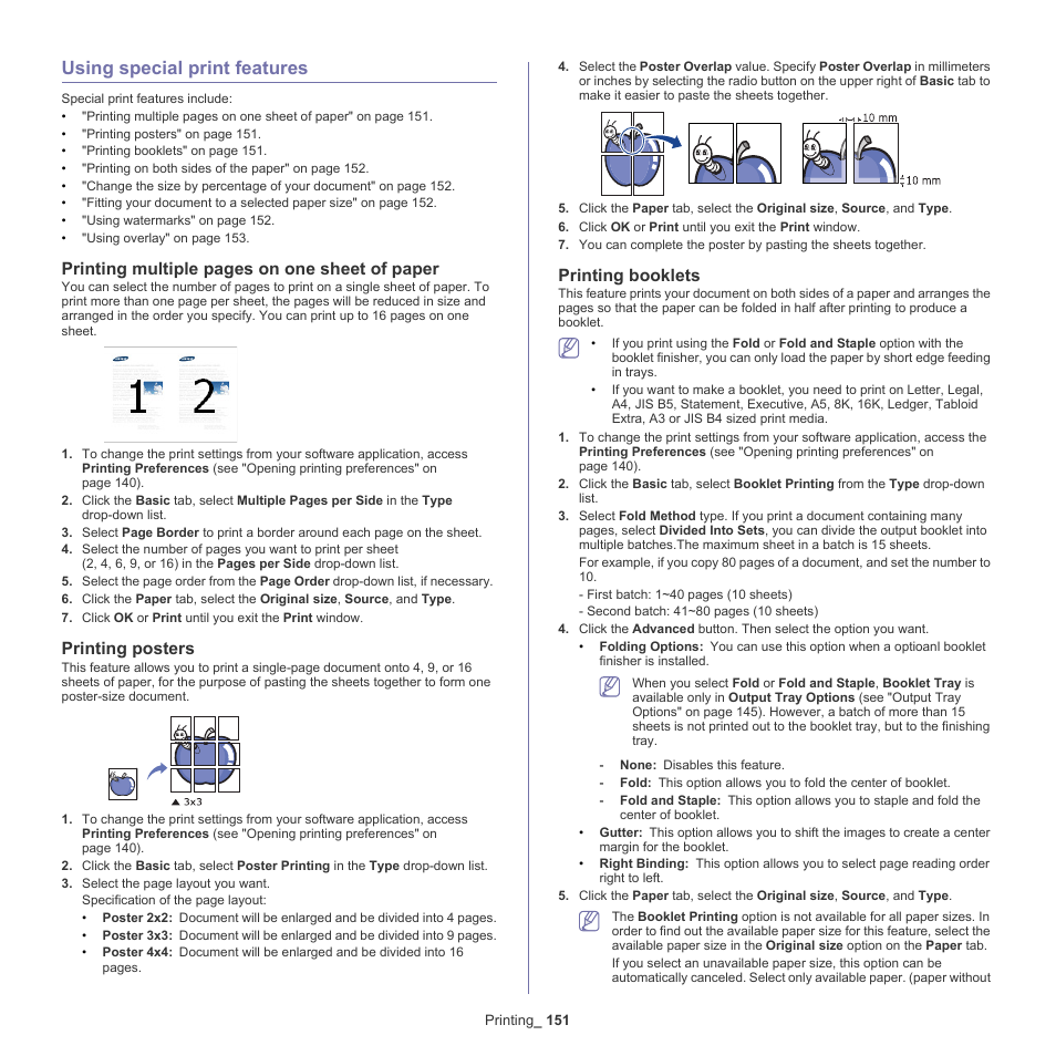 Using special print features, Printing posters, Printing booklets | 151 using special print features 151, Printing, Printing multiple pages on one sheet of paper | Samsung SCX-8240NA-CAS User Manual | Page 151 / 265