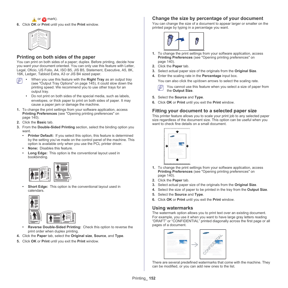 Printing on both sides of the paper, Change the size by percentage of your document, Fitting your document to a selected paper size | Using watermarks, See "using watermarks" on, Printing on both sides of the, R (see "printing on, Fitting your, Change the size | Samsung SCX-8240NA-CAS User Manual | Page 152 / 265