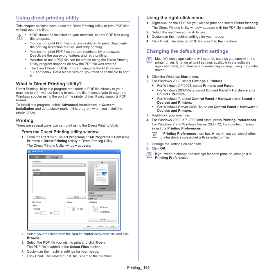 Using direct printing utility, What is direct printing utility, Printing | Using the right-click menu, Changing the default print settings, 155 using direct printing utility 155, 155 changing the default print settings | Samsung SCX-8240NA-CAS User Manual | Page 155 / 265