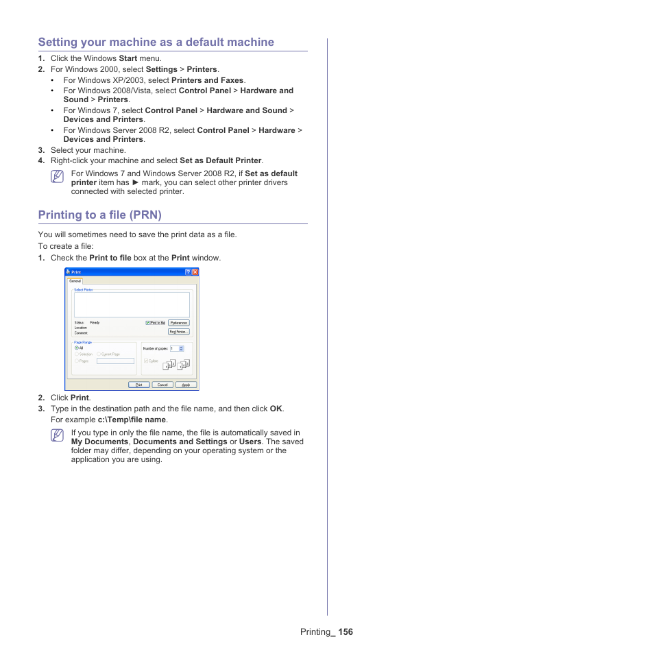 Setting your machine as a default machine, Printing to a file (prn) | Samsung SCX-8240NA-CAS User Manual | Page 156 / 265