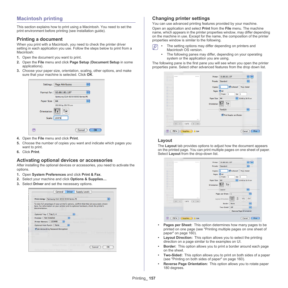 Macintosh printing, Printing a document, Activating optional devices or accessories | Changing printer settings, 157 macintosh printing 157 | Samsung SCX-8240NA-CAS User Manual | Page 157 / 265