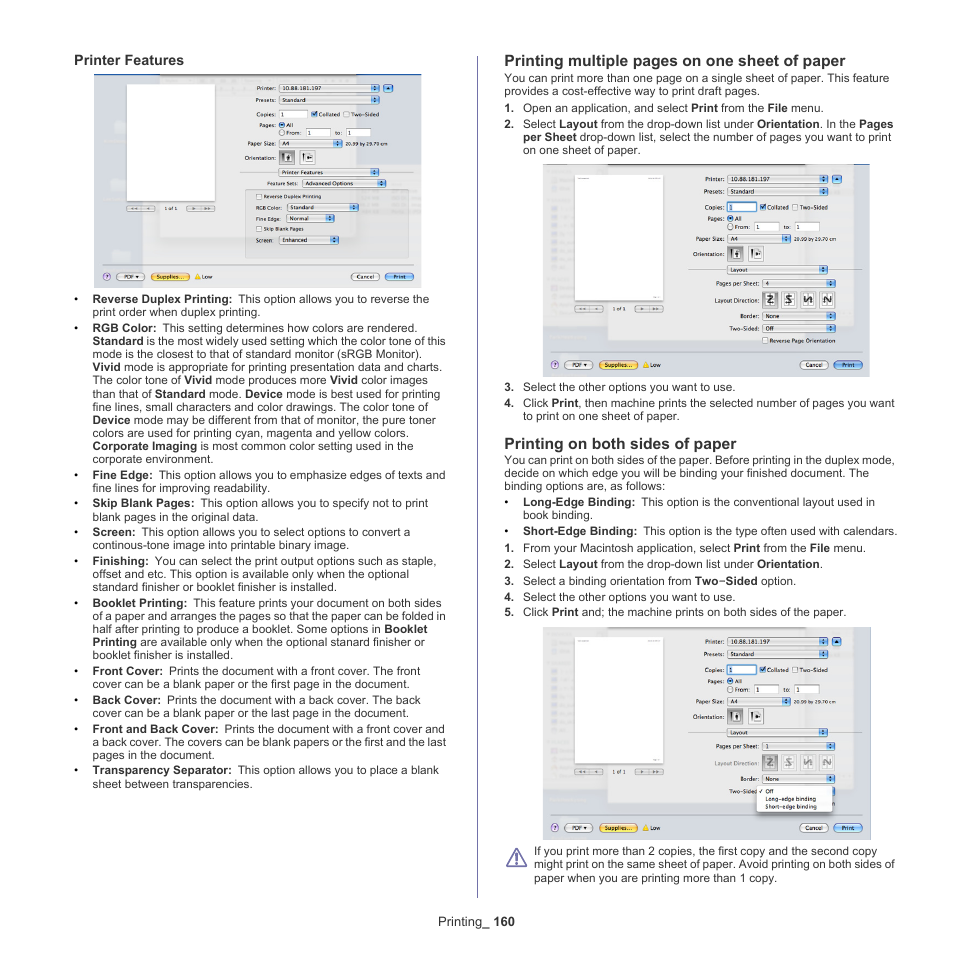 Printing on both sides of paper, Printing multiple pages on one sheet of paper | Samsung SCX-8240NA-CAS User Manual | Page 160 / 265