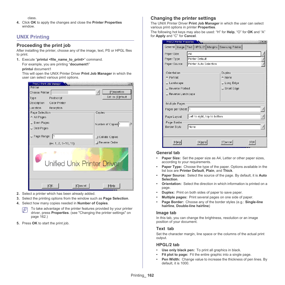 Unix printing, Proceeding the print job, Changing the printer settings | 162 unix printing 162 | Samsung SCX-8240NA-CAS User Manual | Page 162 / 265