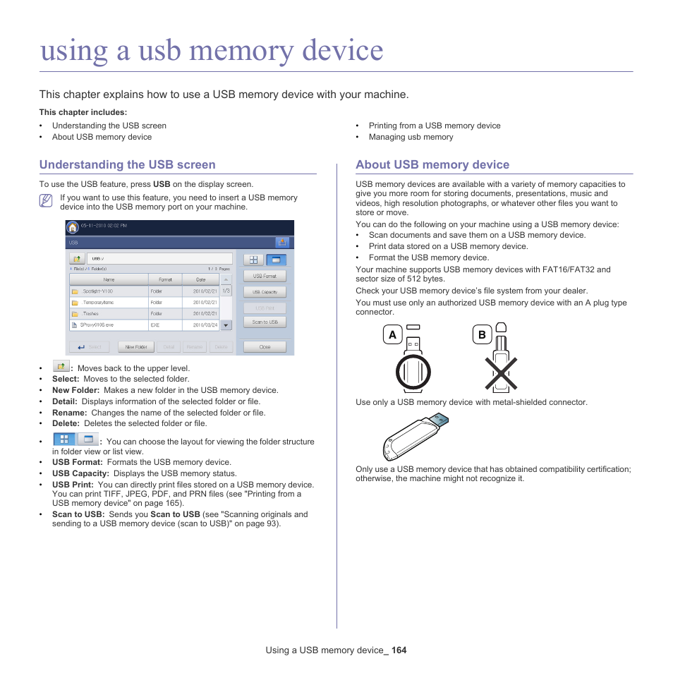 Using a usb memory device, Understanding the usb screen, About usb memory device | Samsung SCX-8240NA-CAS User Manual | Page 164 / 265