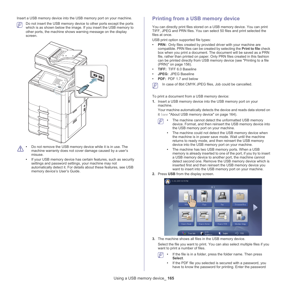 Printing from a usb memory device, 165 printing from a usb memory device, Printing from a | Samsung SCX-8240NA-CAS User Manual | Page 165 / 265