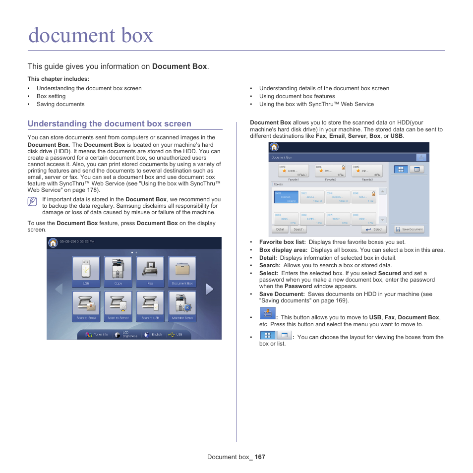 Document box, Understanding the document box screen, 167 understanding the document box screen | Document, See "document box" on, This guide gives you information on document box | Samsung SCX-8240NA-CAS User Manual | Page 167 / 265
