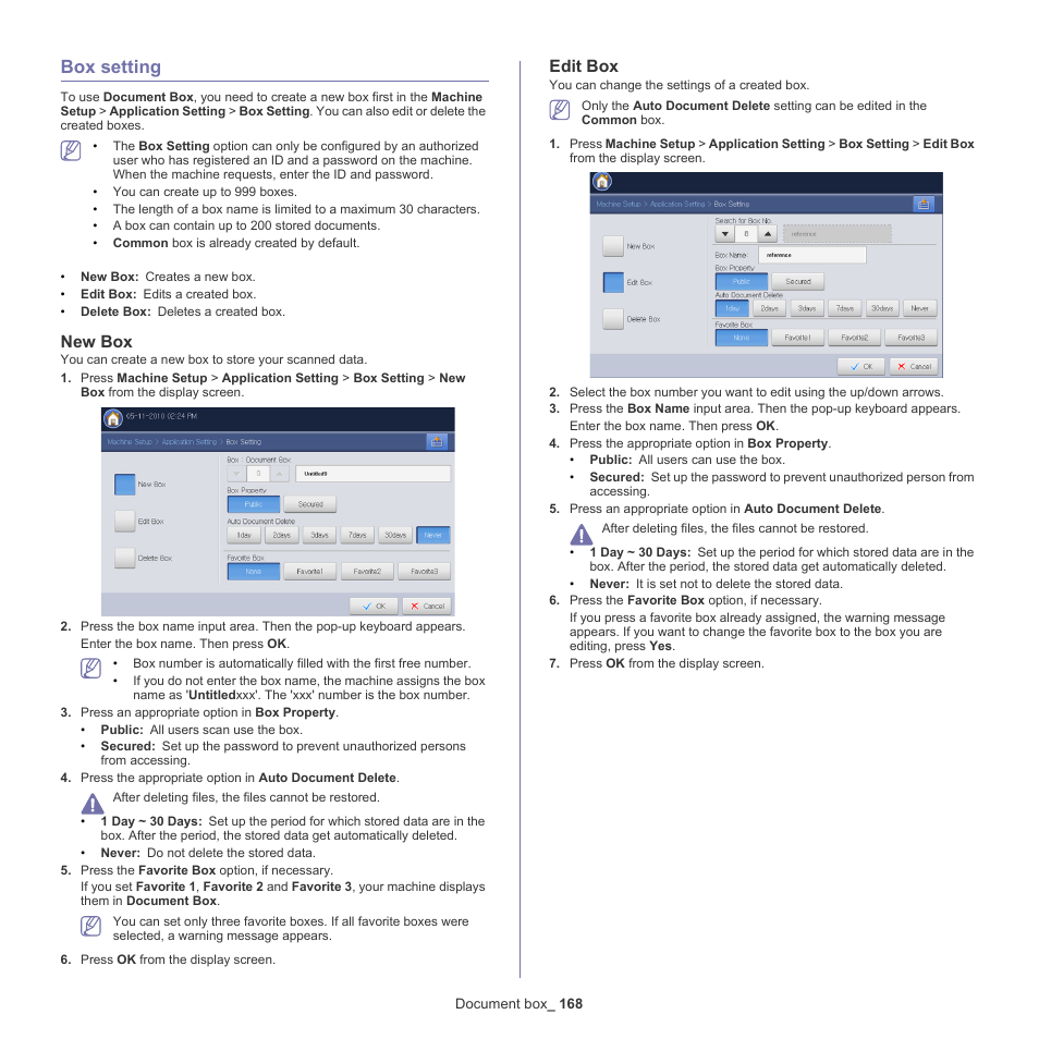 Box setting, New box, Edit box | 168 box setting 168 | Samsung SCX-8240NA-CAS User Manual | Page 168 / 265